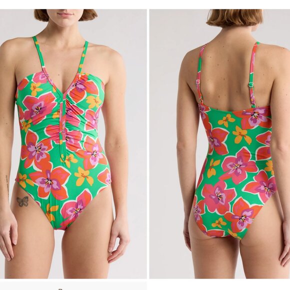 Attractive Sanctuary Shirred One-Piece Swimsuit - Hibicus Flowers- Size Medium - Picture 1 of 8